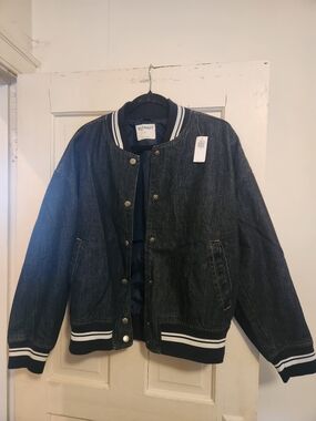Old Navy Women's Navy Denim Bomber Jacket with Stripe Trim
